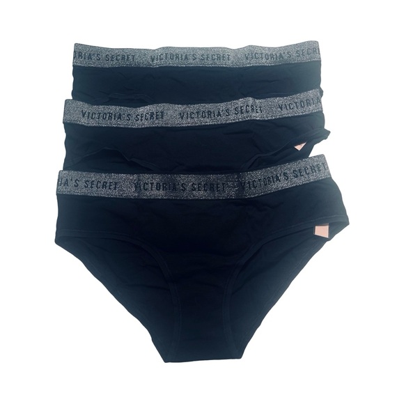 Victorias Secret Hipster Set Of 3 Panties Black/Silver Med. Logo Waist NWT - Picture 6 of 9